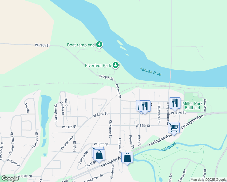 map of restaurants, bars, coffee shops, grocery stores, and more near 8125 Kickapoo Street in De Soto