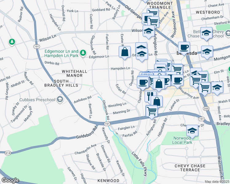 map of restaurants, bars, coffee shops, grocery stores, and more near 7113 Fairfax Road in Bethesda