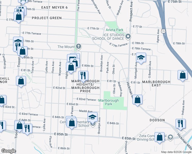 map of restaurants, bars, coffee shops, grocery stores, and more near 8035 Garfield Avenue in Kansas City
