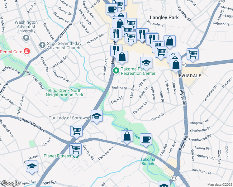 map of restaurants, bars, coffee shops, grocery stores, and more near 7204 13th Place in Takoma Park