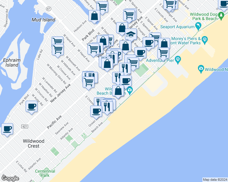 map of restaurants, bars, coffee shops, grocery stores, and more near 5001 Atlantic Avenue in Wildwood