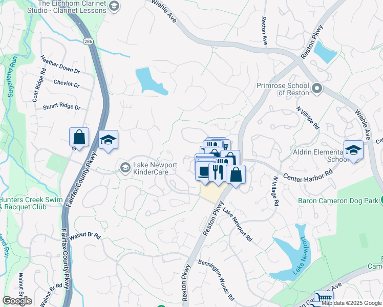map of restaurants, bars, coffee shops, grocery stores, and more near 1509 North Point Drive in Reston