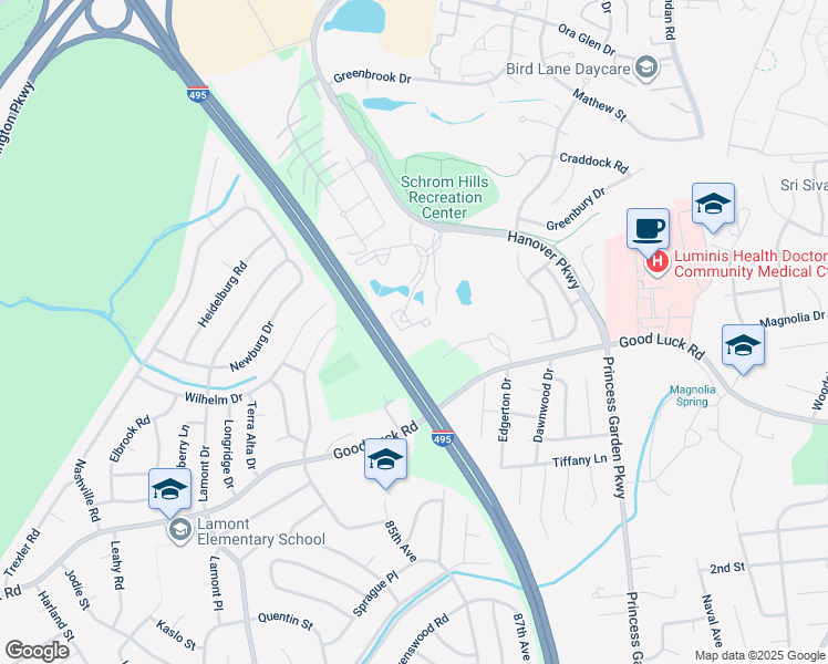 map of restaurants, bars, coffee shops, grocery stores, and more near 6502 Lake Park Drive in Greenbelt