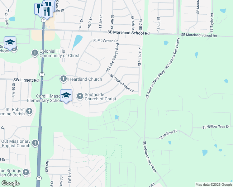 map of restaurants, bars, coffee shops, grocery stores, and more near 300 Southeast Williamsburg Drive in Blue Springs