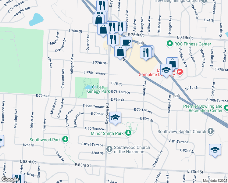 map of restaurants, bars, coffee shops, grocery stores, and more near 10008 East 78 Terrace in Raytown