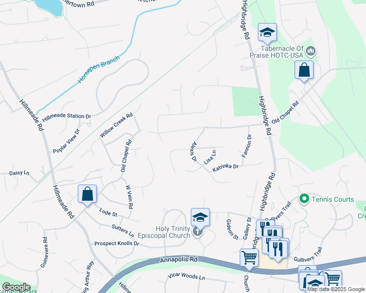map of restaurants, bars, coffee shops, grocery stores, and more near 13210 Vanessa Avenue in Bowie