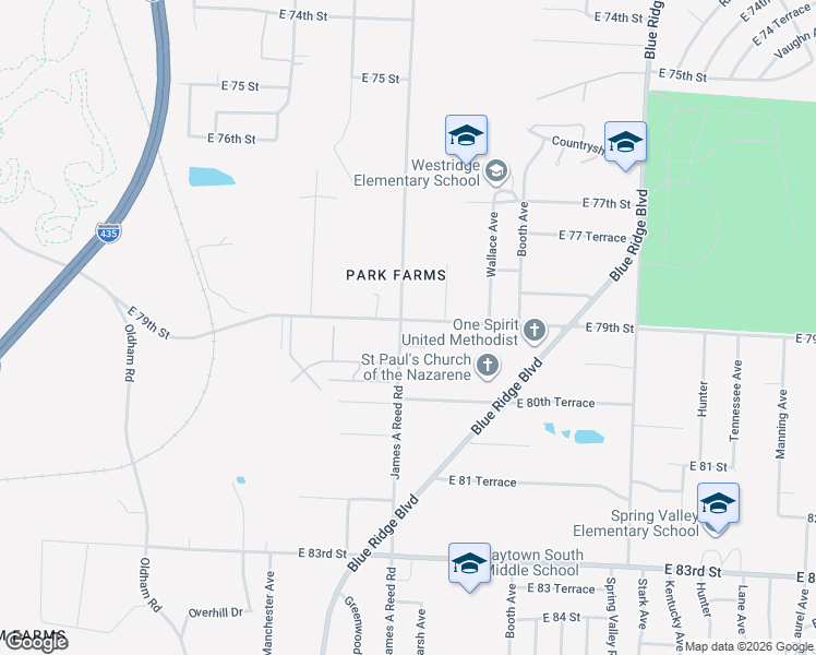 map of restaurants, bars, coffee shops, grocery stores, and more near 8201 East 79th Street in Kansas City