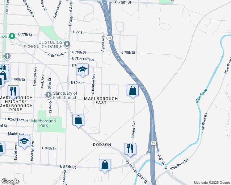 map of restaurants, bars, coffee shops, grocery stores, and more near 8020 Walrond Avenue in Kansas City