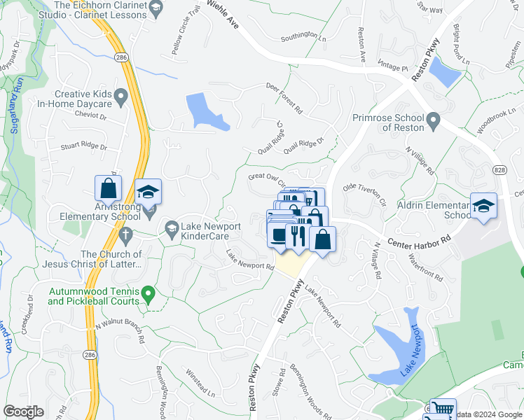map of restaurants, bars, coffee shops, grocery stores, and more near 1509 North Point Drive in Reston