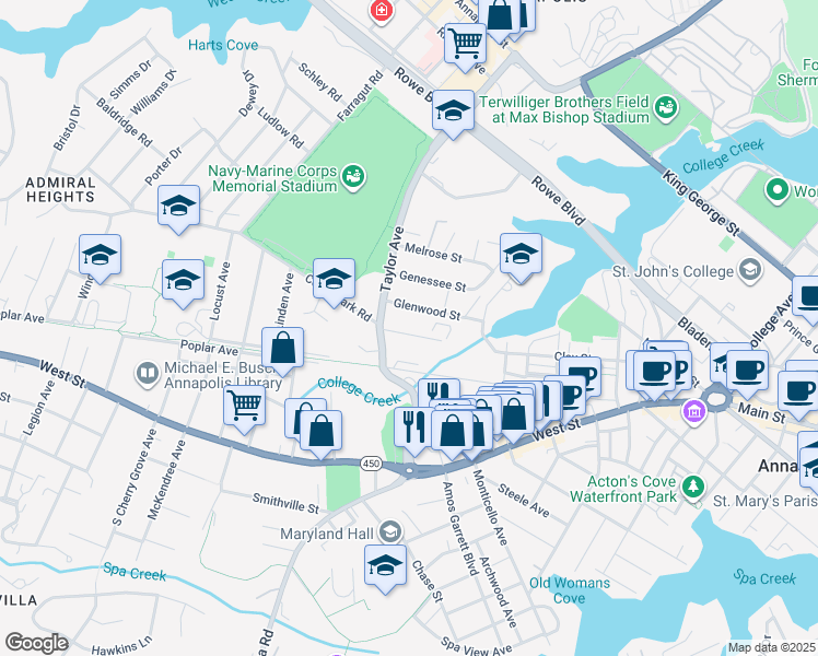 map of restaurants, bars, coffee shops, grocery stores, and more near 730 Rosedale Street in Annapolis