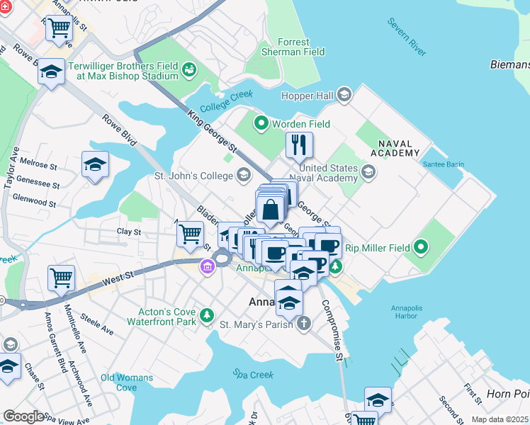 map of restaurants, bars, coffee shops, grocery stores, and more near 239 Prince George Street in Annapolis