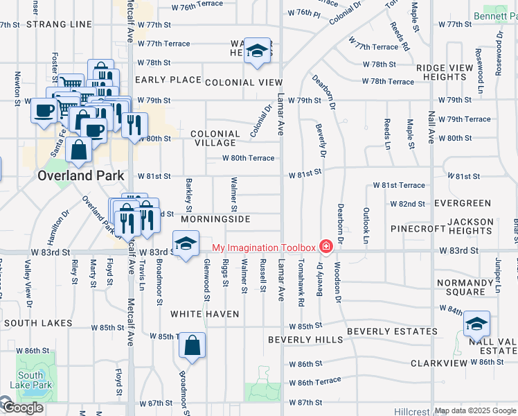 map of restaurants, bars, coffee shops, grocery stores, and more near 6314 West 82nd Street in Overland Park