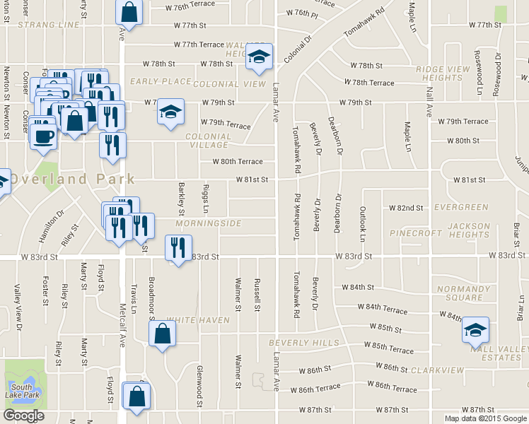 map of restaurants, bars, coffee shops, grocery stores, and more near 6314 West 82nd Street in Overland Park