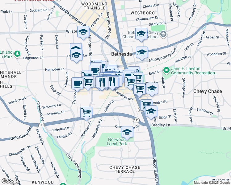 map of restaurants, bars, coffee shops, grocery stores, and more near 7170 Woodmont Avenue in Bethesda
