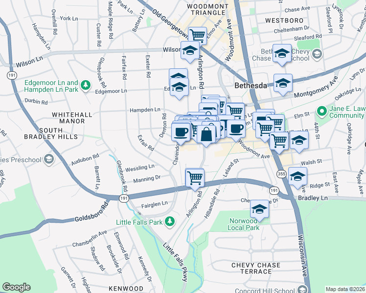 map of restaurants, bars, coffee shops, grocery stores, and more near in Bethesda