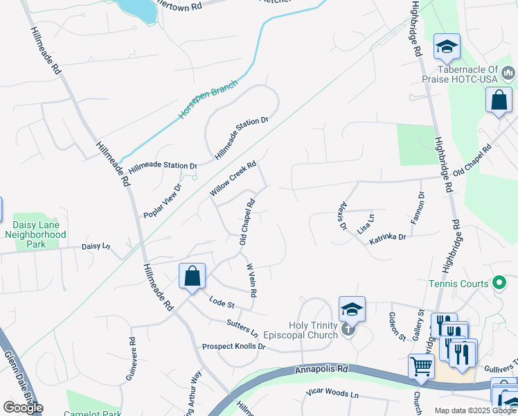 map of restaurants, bars, coffee shops, grocery stores, and more near 12904 Mayflower Place in Bowie