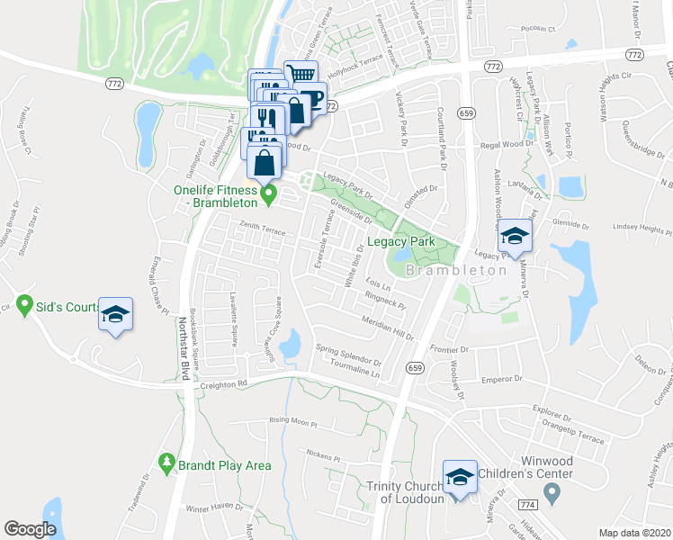 map of restaurants, bars, coffee shops, grocery stores, and more near 42459 Malachite Terrace in Ashburn