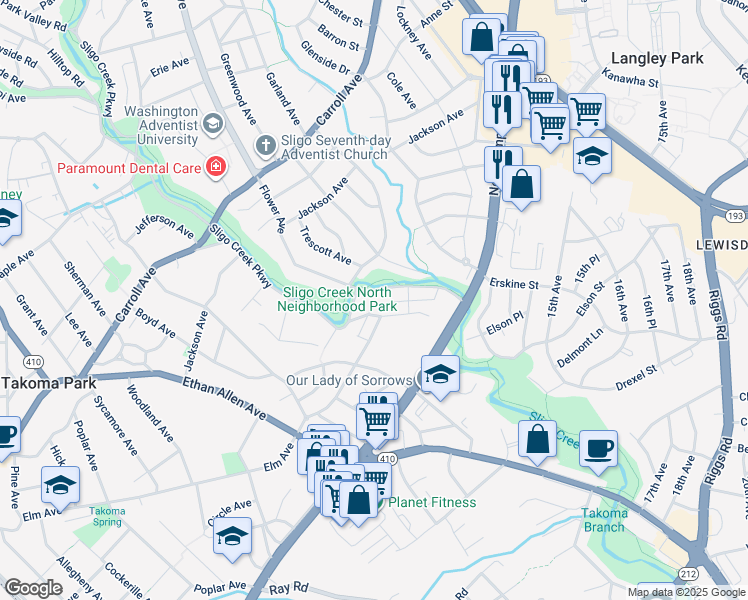 map of restaurants, bars, coffee shops, grocery stores, and more near 911 Sligo Creek Parkway in Takoma Park