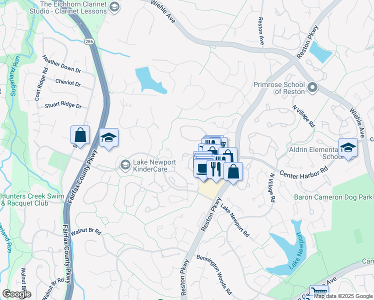map of restaurants, bars, coffee shops, grocery stores, and more near 1505 North Point Drive in Reston