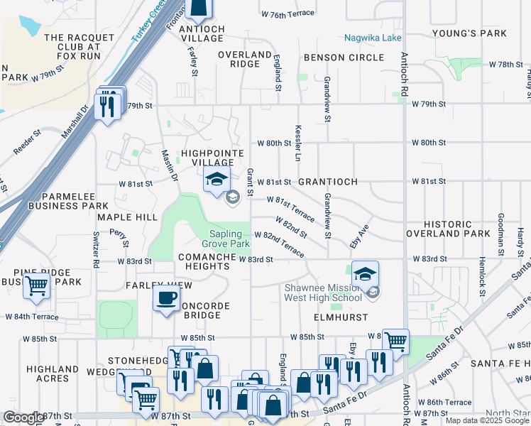 map of restaurants, bars, coffee shops, grocery stores, and more near 9404 West 82nd Street in Overland Park