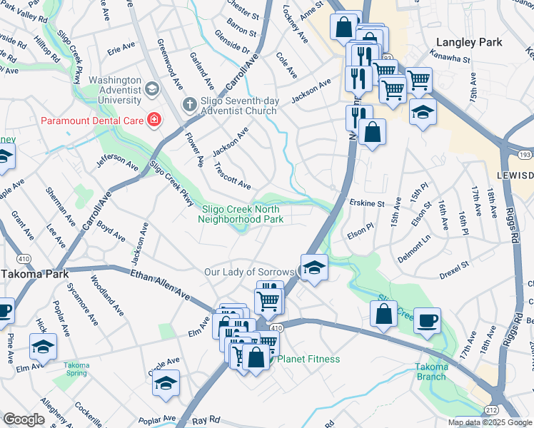 map of restaurants, bars, coffee shops, grocery stores, and more near 911 Sligo Creek Parkway in Takoma Park