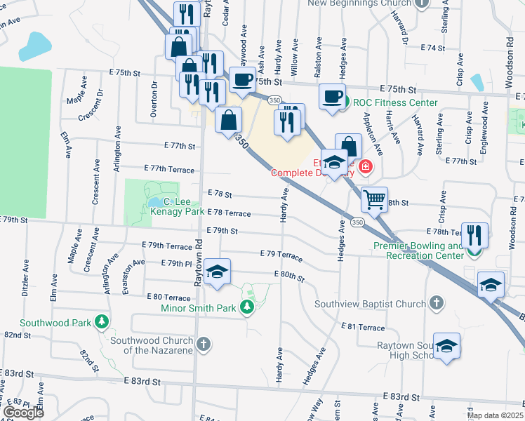 map of restaurants, bars, coffee shops, grocery stores, and more near 10118 East 78 Terrace in Raytown