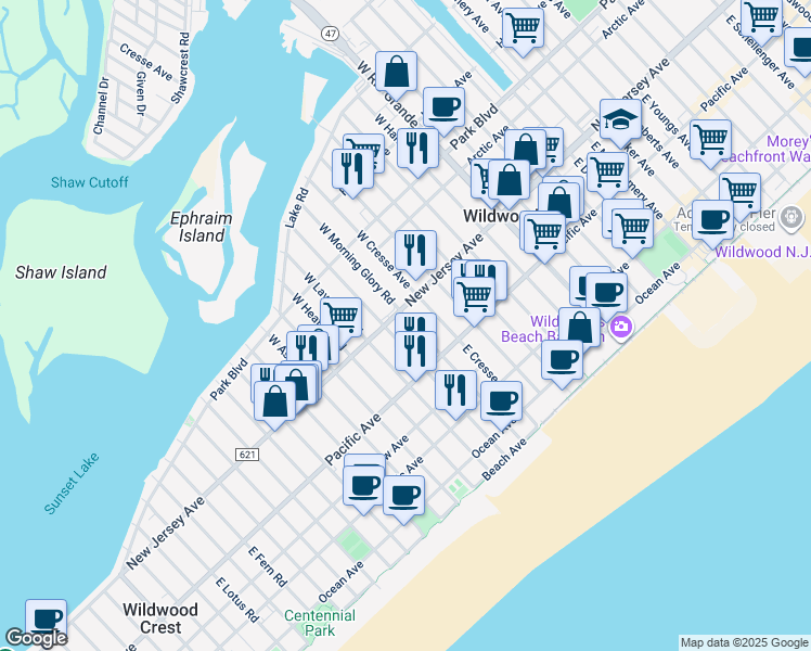map of restaurants, bars, coffee shops, grocery stores, and more near 106 East Morning Glory Road in Wildwood Crest