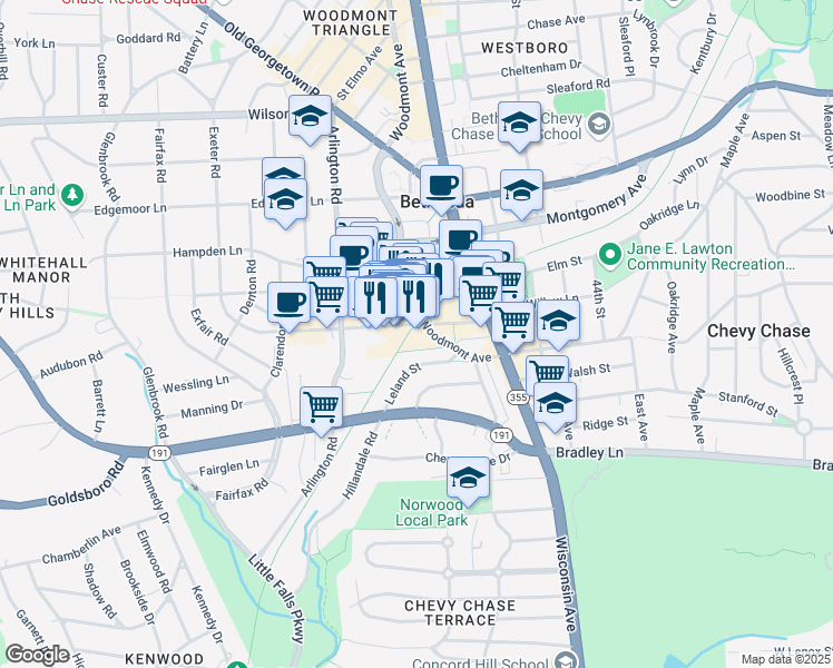 map of restaurants, bars, coffee shops, grocery stores, and more near 4766 Bethesda Avenue in Bethesda