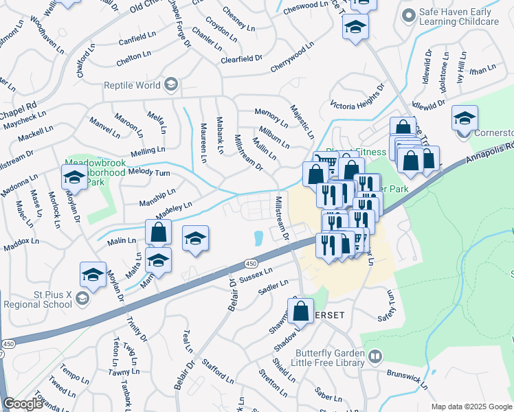 map of restaurants, bars, coffee shops, grocery stores, and more near 12763 Midwood Lane in Bowie