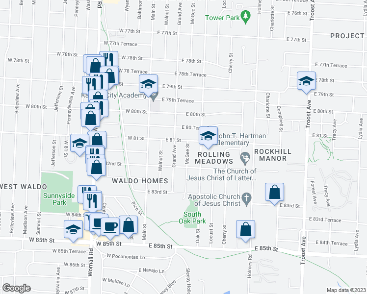 map of restaurants, bars, coffee shops, grocery stores, and more near 8106 McGee Street in Kansas City