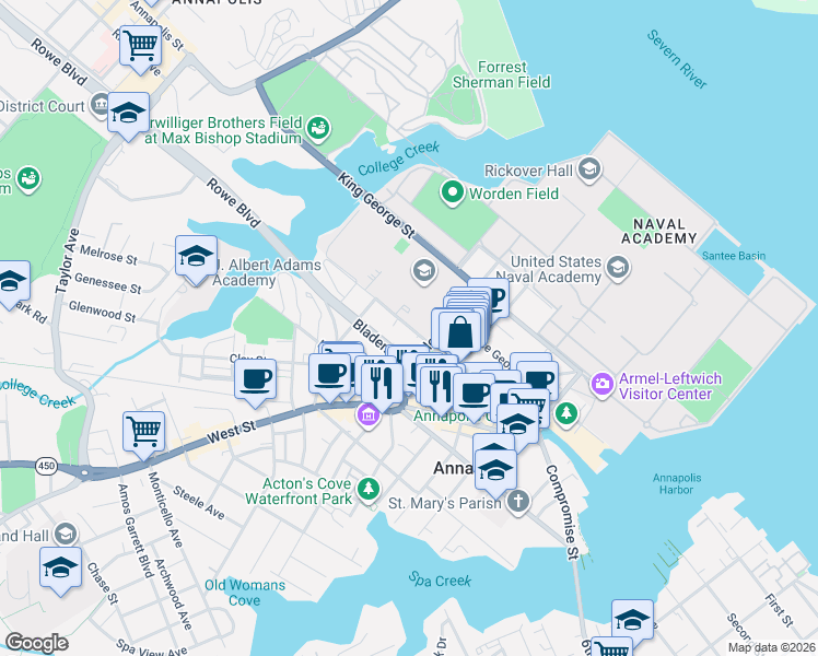 map of restaurants, bars, coffee shops, grocery stores, and more near 5 St Johns St in Annapolis