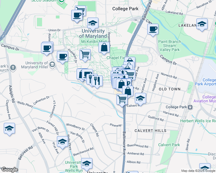 map of restaurants, bars, coffee shops, grocery stores, and more near 4313 Knox Road in College Park