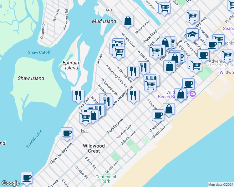 map of restaurants, bars, coffee shops, grocery stores, and more near 111 West Lavender Road in Wildwood