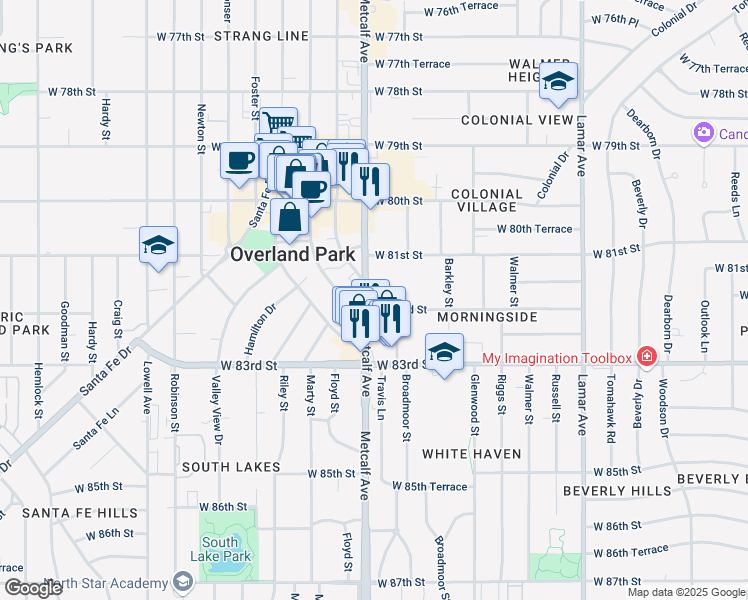 map of restaurants, bars, coffee shops, grocery stores, and more near 8200 Metcalf Avenue in Overland Park