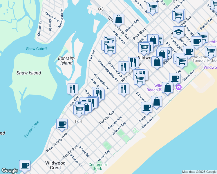 map of restaurants, bars, coffee shops, grocery stores, and more near 111 West Lavender Road in Wildwood