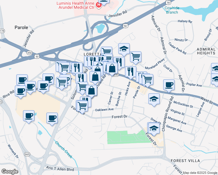 map of restaurants, bars, coffee shops, grocery stores, and more near 23 Dorsey Avenue in Annapolis