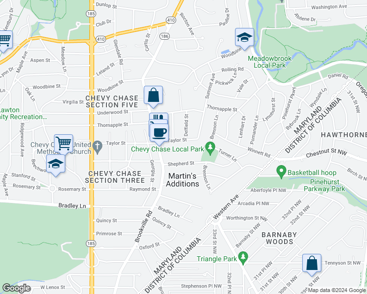 map of restaurants, bars, coffee shops, grocery stores, and more near 3501 Turner Lane in Chevy Chase