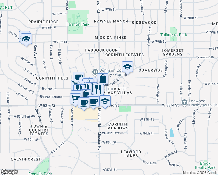 map of restaurants, bars, coffee shops, grocery stores, and more near 3801 Somerset Drive in Prairie Village