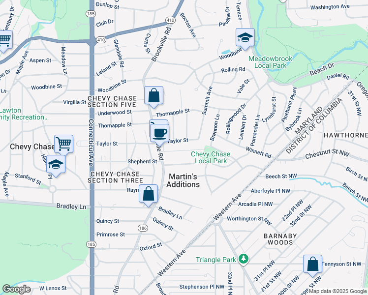 map of restaurants, bars, coffee shops, grocery stores, and more near 3501 Turner Lane in Chevy Chase