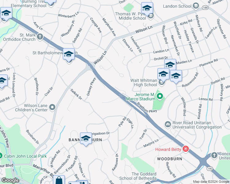 map of restaurants, bars, coffee shops, grocery stores, and more near River Road in Bethesda