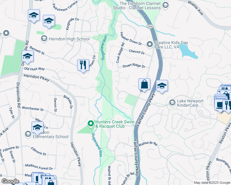 map of restaurants, bars, coffee shops, grocery stores, and more near 12022 Lake Newport Road in Reston