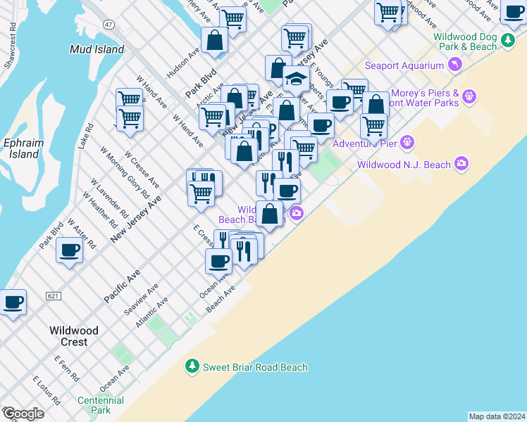 map of restaurants, bars, coffee shops, grocery stores, and more near 5001 Atlantic Avenue in Wildwood