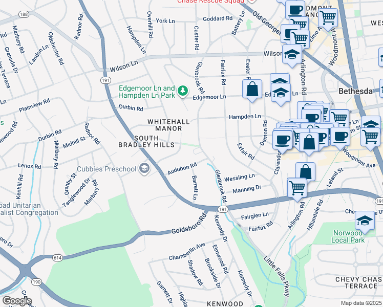 map of restaurants, bars, coffee shops, grocery stores, and more near 7116 Glenbrook Road in Bethesda