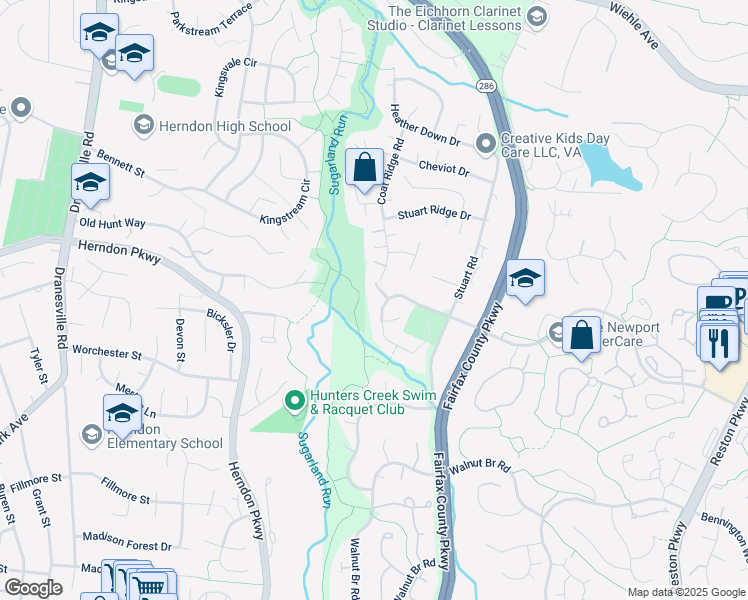 map of restaurants, bars, coffee shops, grocery stores, and more near 12022 Lake Newport Road in Reston