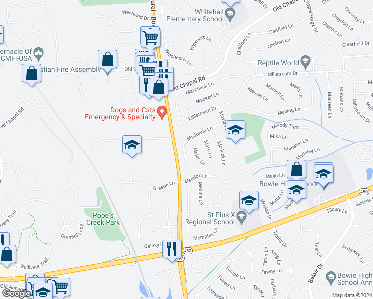 map of restaurants, bars, coffee shops, grocery stores, and more near 3517 Madonna Lane in Bowie