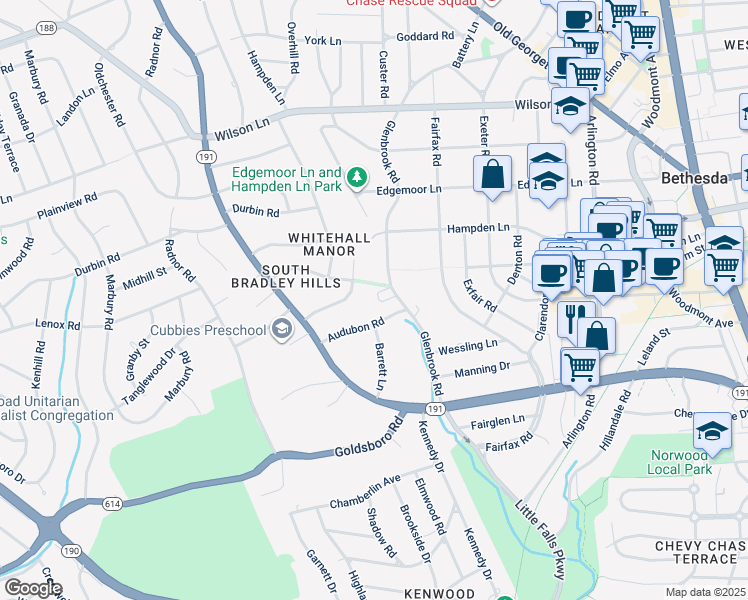 map of restaurants, bars, coffee shops, grocery stores, and more near 7116 Glenbrook Road in Bethesda