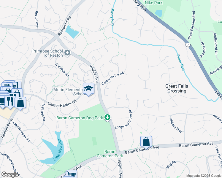 map of restaurants, bars, coffee shops, grocery stores, and more near 11201 Crossbeam Court in Reston