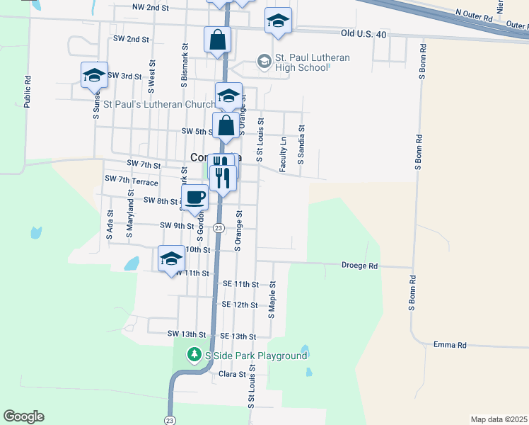 map of restaurants, bars, coffee shops, grocery stores, and more near 803 South Saint Louis Street in Concordia