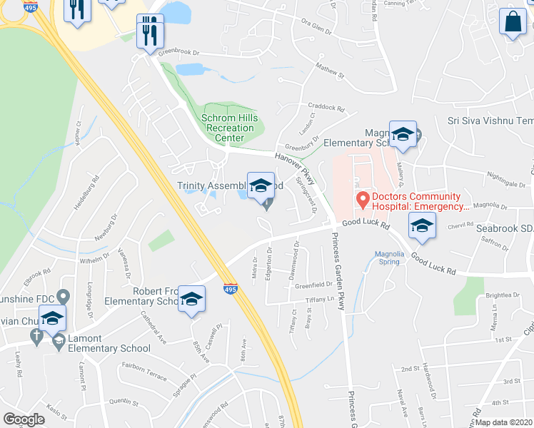 map of restaurants, bars, coffee shops, grocery stores, and more near 7800 Good Luck Road in Lanham