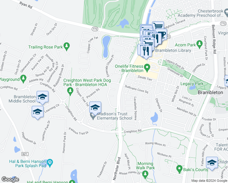map of restaurants, bars, coffee shops, grocery stores, and more near 42239 Linden Oaks Lane in Ashburn